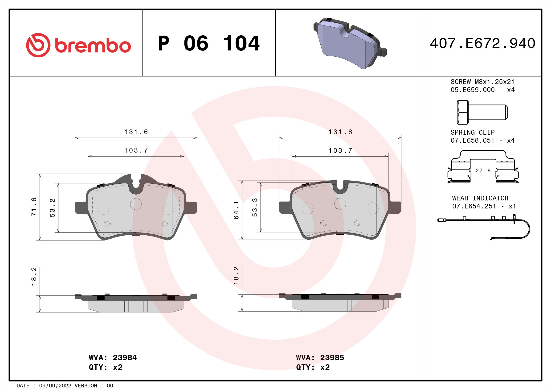 A.B.S. P 06 104 BREMBO Bremsbelagsatz, Scheibenbremse